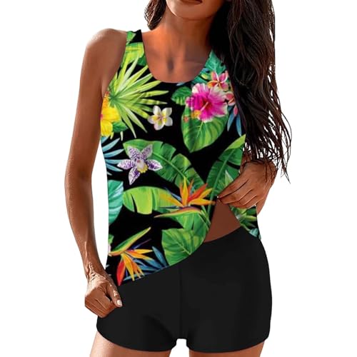 Traje de baño tankini de 2 piezas con estampado floral para mujer, traje de baño atlético con cintura alta, traje de baño modesto para mujer, camiseta sin mangas de verano para playa, 02-1-negro, M