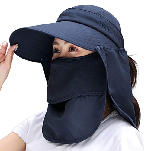 Image of Women Wide Brim Face Mask Sun Hat Detachable Neck Face Flap Ponytail UV Protection Visor Hat Garden Fishing Hiking