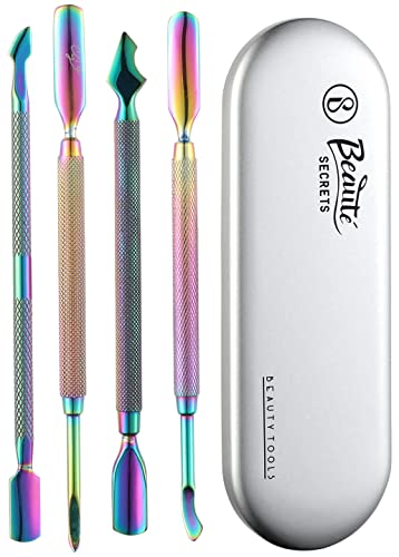 Beauté Secrets Cuticle Pusher Kit – Dual End Nail Gel Polish Removal Pushers, Nail Art Kit Includes Cutting Knife, Spear-End Remover, Bell Shape Remover, Big Cuticle Cutter, Spoon Remover, Multicolor