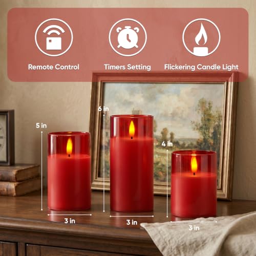 Image of Amagic Christmas Glass Flameless Candles with Remote, Real Wax Pillar Candles Batter Operated with Timer, Red LED Fake Candle for Thanksgiving Decor, Set of 3, D3 xH4 5 inch 6 inch