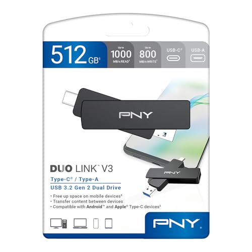 PNY 512GB Duo Link V3 USB 3.2 Gen 2 Type-C & Type-A OTG Flash Drive Extreme Speeds Read/Write 1000/800MB/s External Mobile Storage Compatible with Smartphone/Tablet/Laptops/Desktops