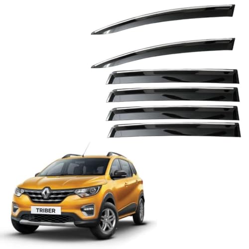 Image of CAR SAAZ Unbreakable Chrome Smoke Door Visor for Triber (2019-2025) | Premium Sun, Rain Wind Deflector Chrome Strip Side Door Rain Visor - Set of 6 Pcs