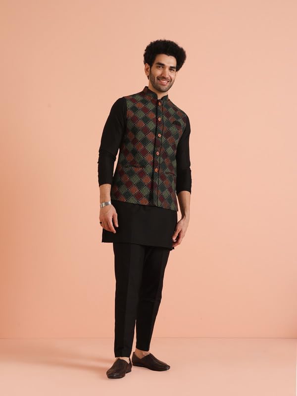 Kisah Cotton Blend Kurta Jacket Trouser Set For Men | Nehru Jacket Waistcoat Kurta Set With Trousers | Mens Ethnic Collections-Ka-0863-5207-T303-44-Multi