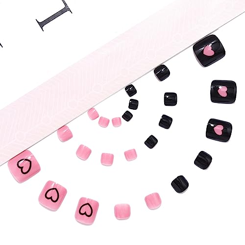 Handcess Glossy False Toenails Black Pink Press on Toe Nail Heart Fake Toenails Full Cover Acrylic Toe Nail Art Tips for Women and Girls 24Pcs - Image 2