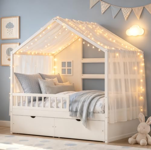 Image of Bellemave Twin House BedFrame with Canopy and Storage Drawers, Montessori Bed, House Bed with Rails for Kids, White