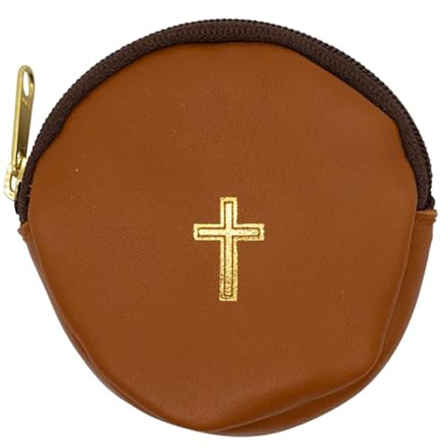 Small Leather Burse for Pyx | Great for Eucharistic Ministry | Simple Gold-Tone Cross Design | Zipper Closure | Made in Italy (Brown)