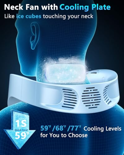 Image of FWV Neck Air Conditioner with Cooling Plate, 5500mAh 3-24H Working, 5-Speed Quiet 30dB, LED Display Personal AC, USB-C Bladless Wearable Cooling Neck Fans that Blow Cold Air for Men Women Kids Blue
