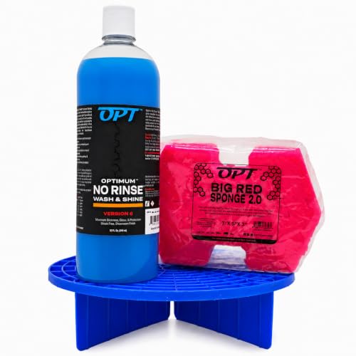 Optimum No Rinse Version 6 (32 Oz) Grit Guard Bucket Insert (Blue) and Big Red Sponge 2.0 (BRS) Car Cleaning Kit ONR Rinseless Car Wash Dirt Lock and Professional Wash Sponge for Auto Detailing