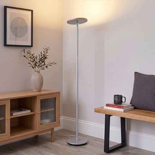 Image of Brightech Sky LED Floor lamp, Torchiere Super Bright Floor Lamp for Living Room Decor & Office - Dimmable, Tall Standing Torch Lamp with Warm Light for Bedroom & Reading - Platinum Silver