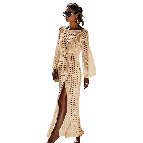 NFASHIONSO Strandkleid für Damen, gehäkelt, Strandmode, Strandkleid, lang - Braun - Einheitsgröße