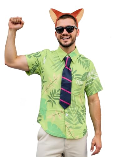 XonyiCos Adult Men's Hawaiian Floral Shirts,Halloween Cosplay Costume with headband & neckties, Green, M