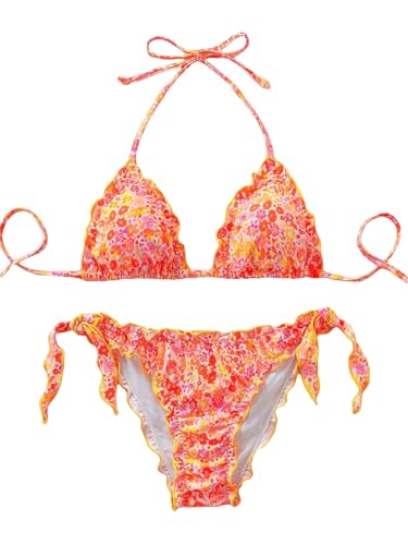 Women's Floral Print Bathing Suit Halter Tie Side Summer Swimsuit Bikinis Set
