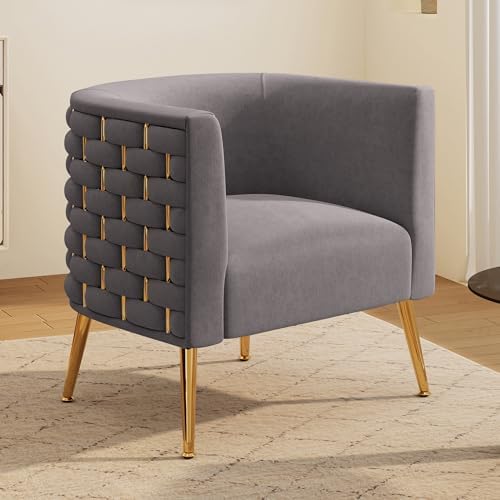 Nowoczesne krzesło akcentujące z aksamitnej beczki, wygodny, szeroki, ręcznie robiony, tkany fotel kubełkowy, puszysta tapicerowana sofa do salonu, sypialni, biura, poczekalni (szary)