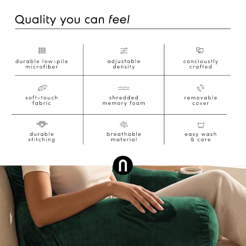 Image of Nestl Reading Pillow with Shredded Memory Foam, Designed for Sitting Up in Bed and Couch, Back and Arms Adjustable Support for Adult & Teens Backrest Pillows for Reading with Washable Cover Dark Green