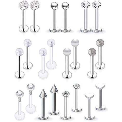 Lcolyoli 22Pcs 16G Forward Helix Cartilage Tragus Earring Studs Internal & External Threaded Labret Lip Monroe Ring Barbell Body Piercing Jewelry Retainer for Women Men Silver-Tone 6mm Cover