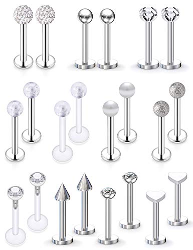 Lcolyoli 22Pcs 16G Forward Helix Cartilage Tragus Earring Studs Internal & External Threaded Labret Lip Monroe Ring Barbell Body Piercing Jewelry Retainer for Women Men Silver-Tone 8mm