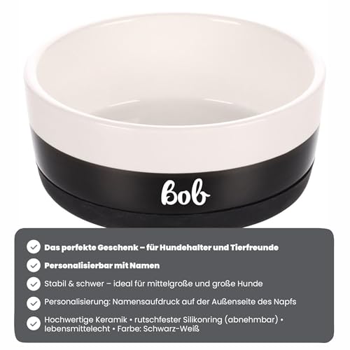 Personalisierter Duke Keramik-Futternapf 1130 ml (L) Schwarz-Weiß – rutschfest, leicht und hygienisch – Futter- und Wassernapf für mittelgroße und große Hunde – personalisiert mit Namen – Petslino
