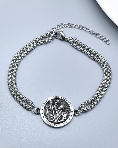 St Michael/St Christopher Bracelet for Men Adjustable Bracelet Religious Protection Jewelry Amulet Gift for Men Women with 7.5+2 Inch Stainless Steel Chain4