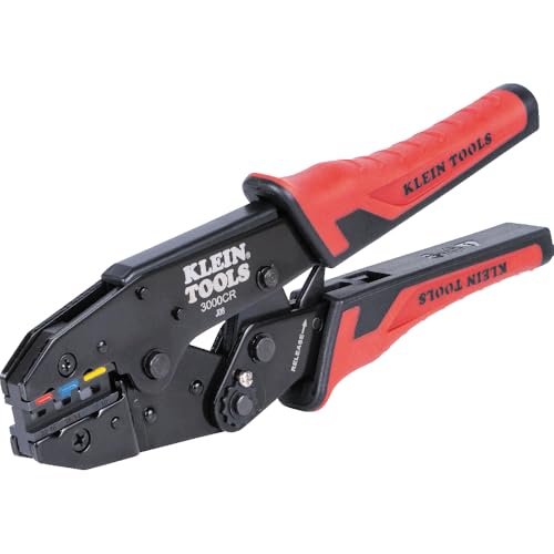 Image of Klein Tools 3007CR Crimping Tool For Heat Shrink Connectors, Ratcheting Terminal Crimper, 10 to 22 AWG Stranded Copper Wire, Full-Cycle, 3-Cavity