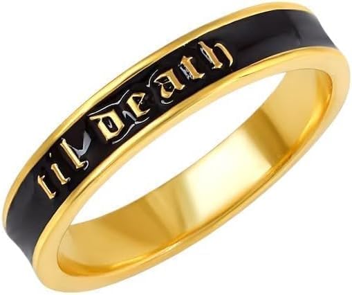 6mm and 4mm Wide Til Death Black Enamel Ring,Sterling Silver Band with Black Engraving, Gothic Wedding or Promise Ring, Stacking Anniversary Band, Personalized Jewelry for Her