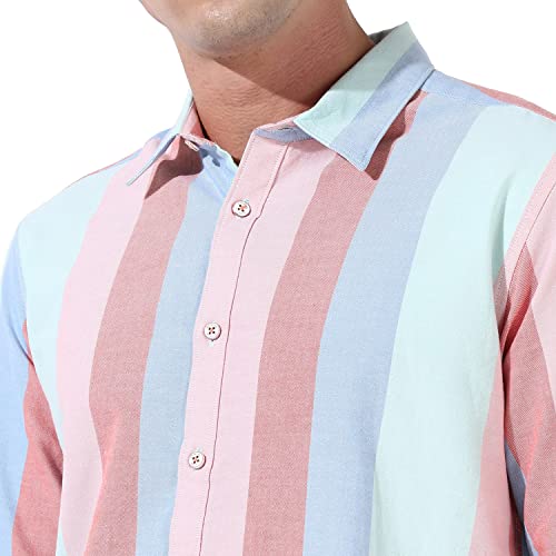 Image of CAHOOT Mens Multicolour Roman Striped Button Up Regular Fit Shirt for Casual Wear Cotton Spread Collar Crafted with Sleeve Comfort and High Performance Everyday