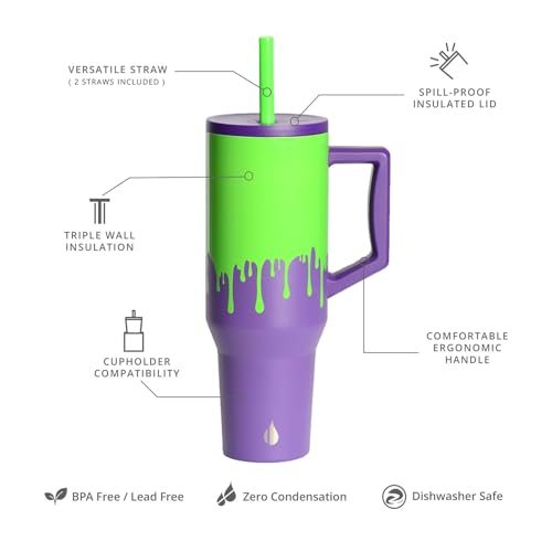Image of Elemental Spill Proof 40oz Insulated Tumbler with Handle & Straw Travel Mug | Stainless Steel Commuter Travel Coffee Mug for Cold Beverages, Includes 2 Straws & a Spill Proof Lid for Everyday Use