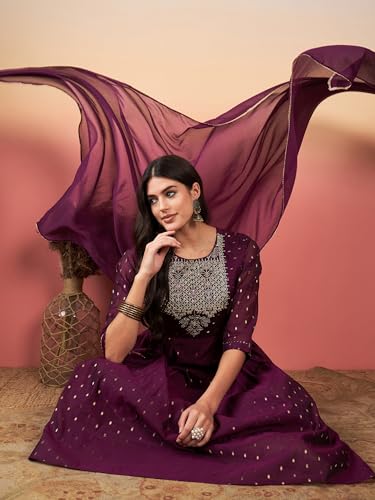 Image of INDO ERA Silk Wine A-Line Embroidered Kurta Trouser With Dupatta Set For Women