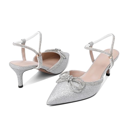 Joseywade Rhinestone Bow Heels Low Kitten Heel Glitter Double Bow Pumps Pointed Toe Women Slingback Adjustable Ankle Strap Shoes for Wedding Bridal Bridesmaid Engagement Bachelorette3
