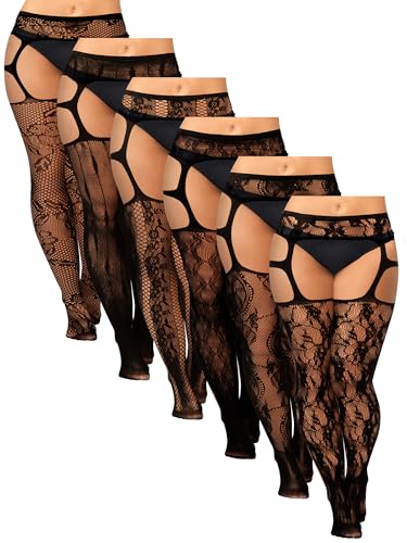 Image of Jadive 6 Pairs Women Plus Size Suspender Tights Fishnet Thigh High Stockings Garter Belt Lingerie Pantyhose