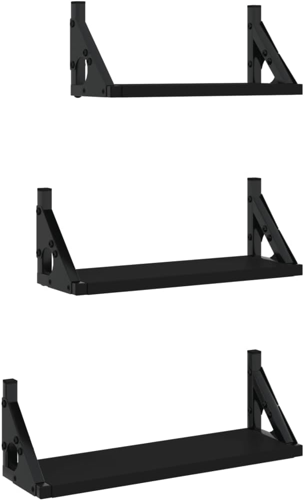 3-Piece Black Floating Wall Shelf Set, Engineered Wood & Metal, Modern Rectangular Ledge Shelves for Living Room, Bedroom, Bathroom Decor & Storage
