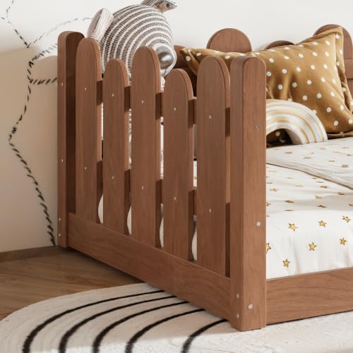 Image of Bellemave Twin Size Kids Montessori Floor Bed,Floor Bed Frame with Rounded Safety Guardrail,Solid Wood Montessori Bed for Girls Boys,Brown