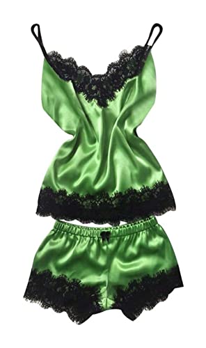 NDLXMM Familie Pyjamas Générique Damen Lace Pyjama Set Shorts Camisole Damen 2 Pyjamas Dessous Frauen Sexy Dessous Babydoll Nachthemd V Tief Nachthemd Pyjamas Nachtwäsche (Farbe : Green, Size : 3XS) Cover