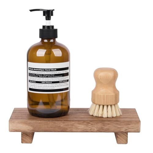 Image of WOOD ART STORE Small Wood Tray Pedestal Stand Farmhouse Bathroom Decor Decorative Wooden Riser Kitchen Soap Dish Holder for Vanity, Counter, Sink, Brown
