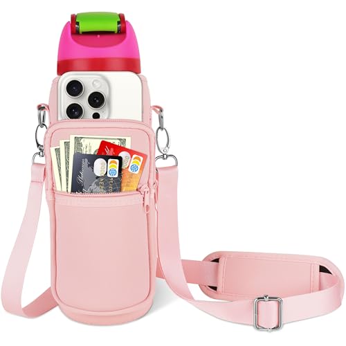 OriJoy Neoprene Water Bottle Carrier Bag Holder with Phone Pocket Compatible with Owala FreeSip 24/32/40 OZ, Tumbler Cup Accessories with Adjustable Strap for Phone Card Keys (Pink, 40 OZ)