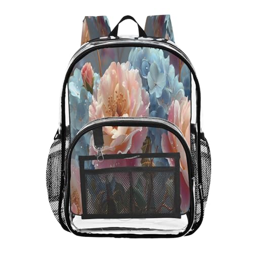Rose Flower Blue Hydrangea Clear Backpack Heavy Duty See Through Transparent PVC BookBag for Kids Boy Girl School Work