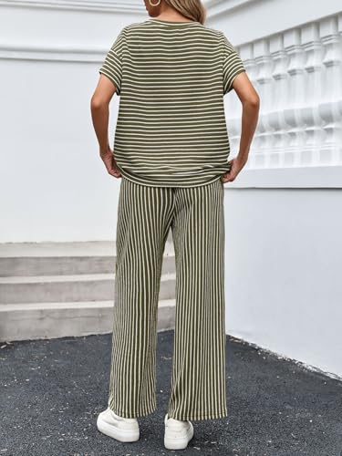 Image of Tankaneo Womens Striped 2 Piece Sets Short Sleeve T Shirts Wide Leg Pants Matching Lounge Set with Pockets