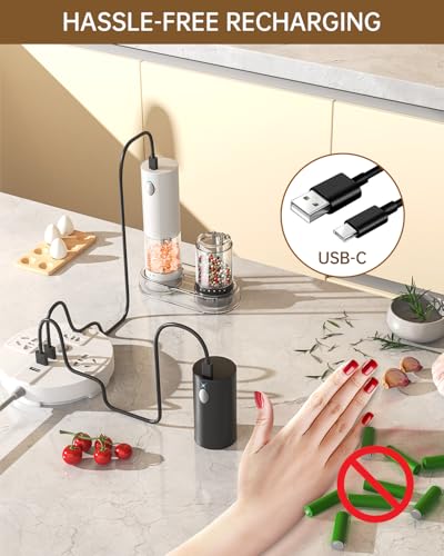 CIRCLE JOY Electric Salt and Pepper Grinder Set Rechargeable Salt and Pepper Mills with 6-Level External Adjustable Coarseness, White LED Light and Storage Base, Black & White — view 3