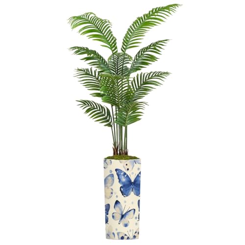 hgsschrek Artificial Palm Tree Indoor with Tall Planter Seamless Watercolor Botanical Summer Pattern Indigo Blue Navy Fake Tropical Palm Floor Plant Potted Faux Plant in Pot Home Decor Outdoor 5.6ft