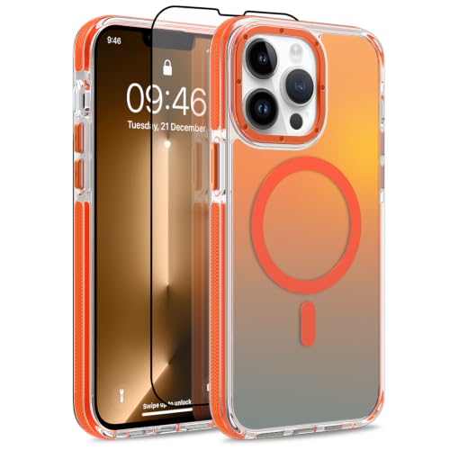 Image of Magnetic Case for iPhone 13 Pro [Compatible with Magsafe] [Cute Fashion Fluorescent Design] [1 Screen Protector] Slim Translucent Matte Case for iPhone 13 Pro 6.1 inch 2021, Orange