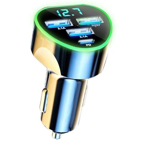 Multi Port USB C Car Phone Charger Adapter 4 in 1 with Voltage Display Super Fast Cigarette Lighter USB Charge with Volt Meter for iPhone 16/15/14/13/12 Galaxy Android Phones