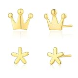 MTMY Gold Stud Earring for Women 14K Gold Plated Tiny Bar, Circle, Heart, Triangle, Star, Crown, Flower Dainty Earrings Jewelry (Crown Flower)