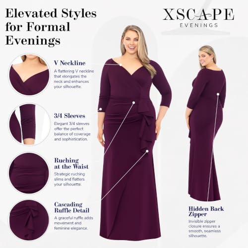 Image of Xscape Women's Long Boat Neck Bodycon Evening Gown with 3 /4 Sleeves, Side Ruching, & Cascading Ruffle