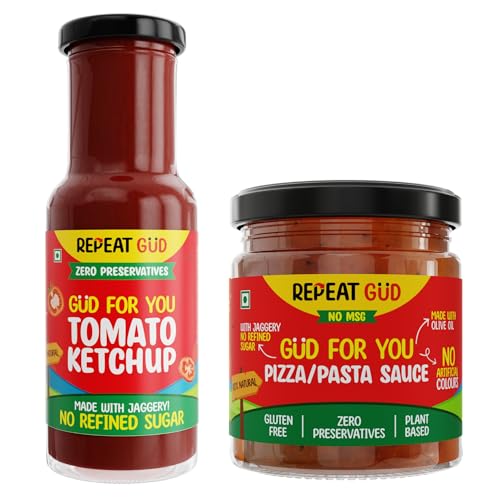 Image of REPEAT GUD Healthy Sauces (Tomato Ketchup, Pizza Pasta Sauce) | No Refined Sugar, Made With Jaggery | No preservatives | GUD For Kids | 100% Natural Ingredients & Chemical free (Pack of 2)