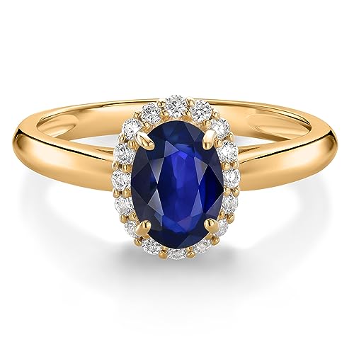 Gem Stone King 10K Yellow Gold Blue Sapphire and White Lab Grown Diamond Halo Engagement Ring For Women (0.70 Cttw, Gemstone September Birthstone, Oval 7X5MM)