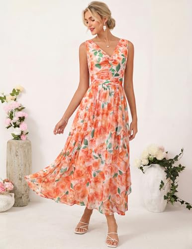 Image of GRACE KARIN Women's Summer Sleeveless Floral Maxi Dress V Neck Formal Wedding Guest Dress A Line Beach Vacation Clothes