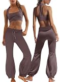 Nirovien 2 Piece Workout Sets for Women Summer Active Wear Sets High Impact Yoga Bra and Bubble Pants Gym Sets(Grey Purple Red,XS)