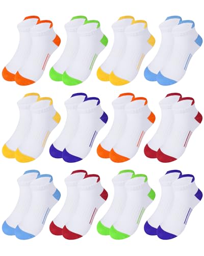 HASMES 12 Pairs Boys Girls Athletic Ankle Socks Kids 6-8 8-10 10-12 Years Old Cotton Half Cushion Low Cut Socks