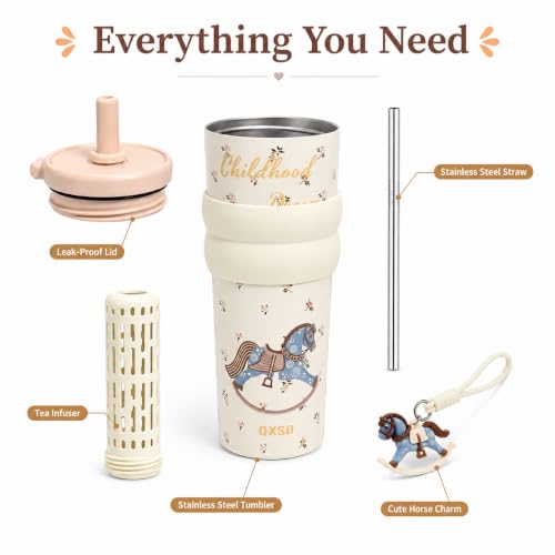 Image of Vasukie Stainless Steel Travel Tumbler with Straw and Lid, Vintage Rocking Horse Thermal Coffee Cup, Leakproof Water Bottle for School, Office, Car, Cottagecore Gift for Girls & Women (700ML)