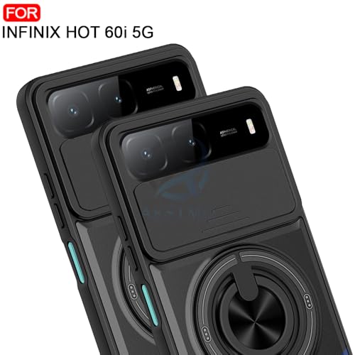 Image of AESTMO Infinix Hot 60i 5G / Spark Go 5G Back Cover | Armor Camera Slider 360 Degree Rotating Finger Ring Holder Case with Bracket Stand Back Case Cover (Compatible with MagSafe Accessories) (Black)