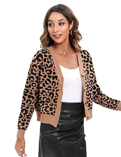 Juoiantang Women's Cropped Shrug Leopard Knit Open Front Long Sleeve With Button Down Cover Up Sweater #TOP3